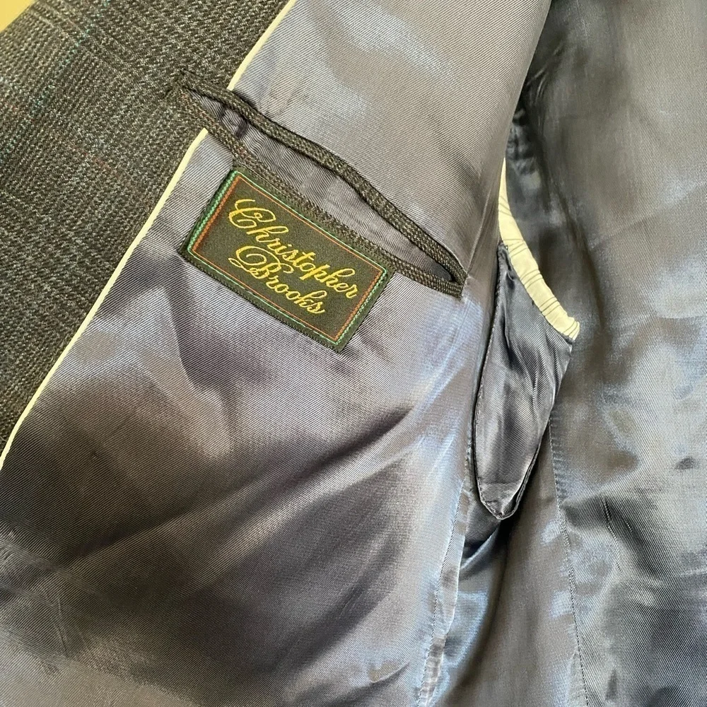 CHRISTOPHER BROOKS 100% Pure Wool Blueish Gray Plaid Suit Set Size 46L